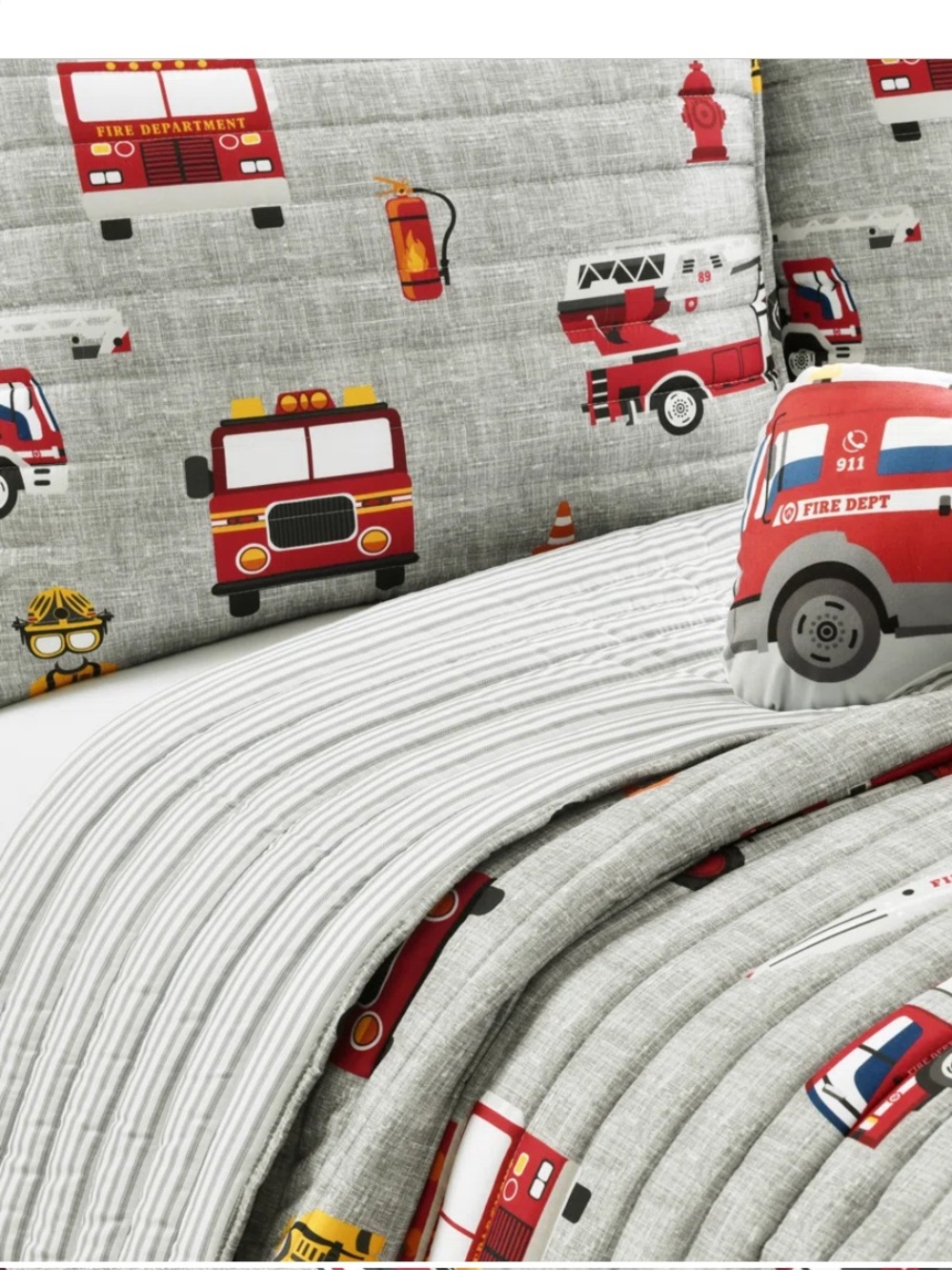Kids Fire Truck Bedding Set - Red and Gray TWIN SIZE